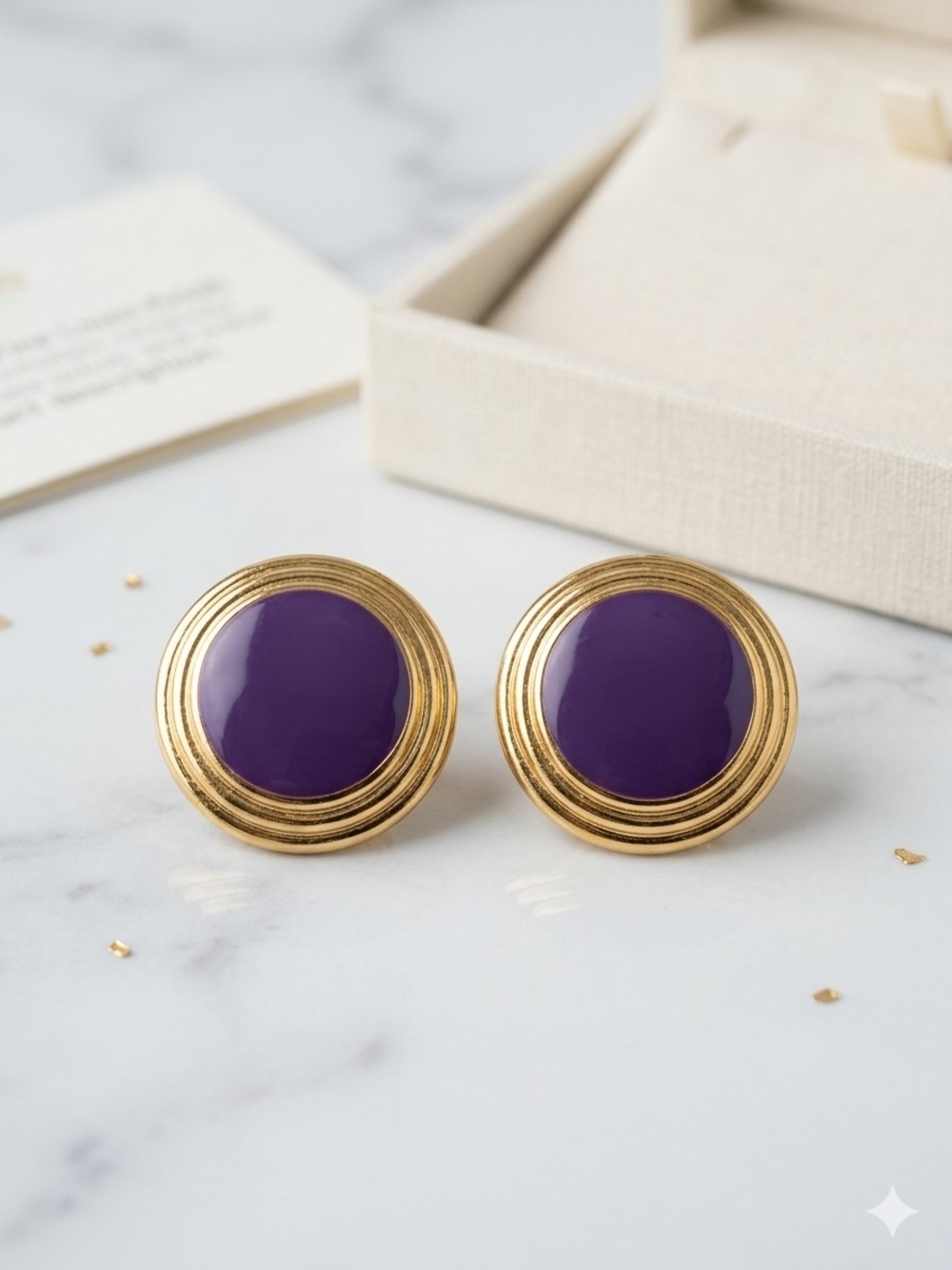 #51 Purple Enamel Gold-Trim Button Earrings - Ear Clips